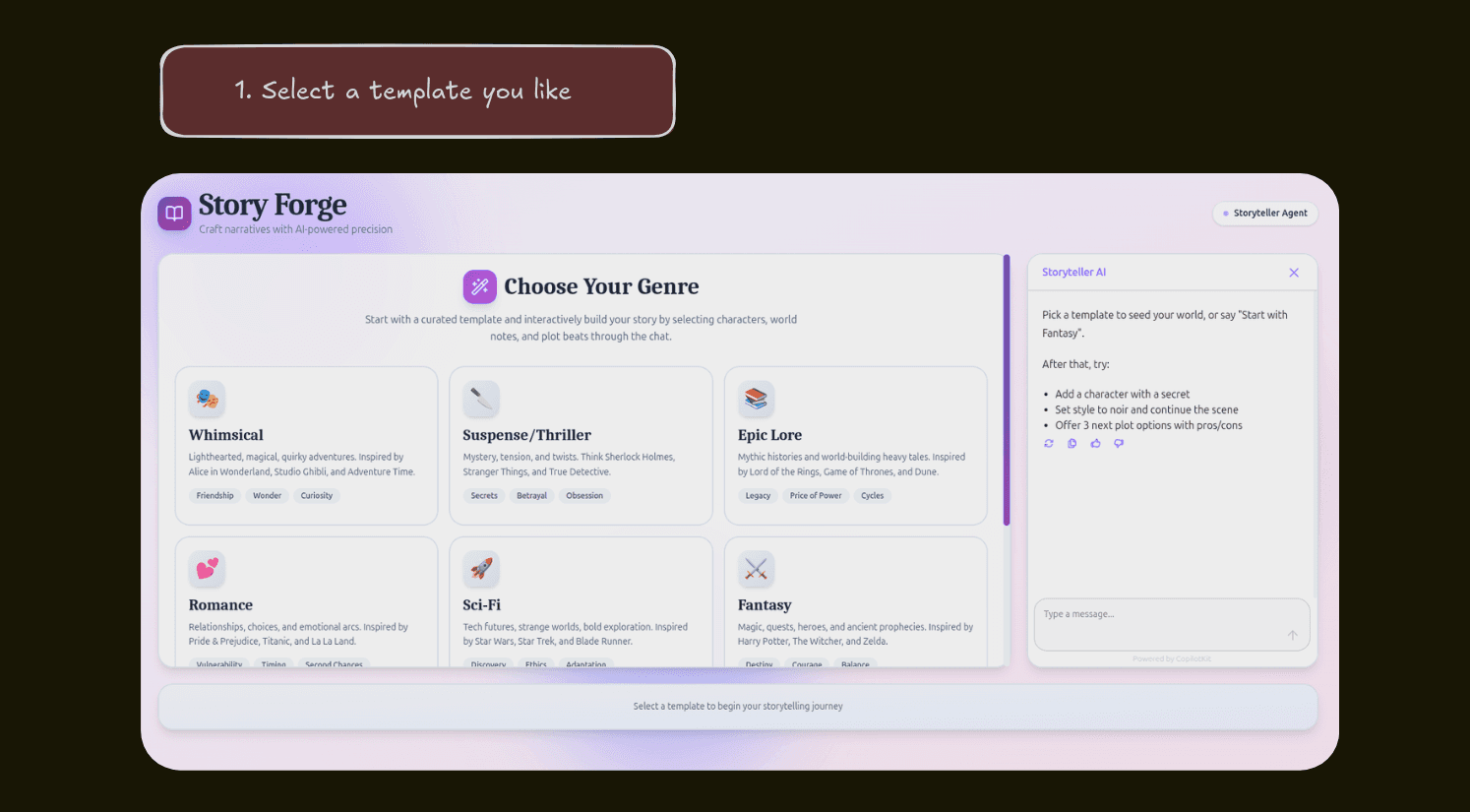 Step 1: Select a template from genres like Whimsical, Suspense/Thriller, Epic Lore, Romance, Sci-Fi, or Fantasy