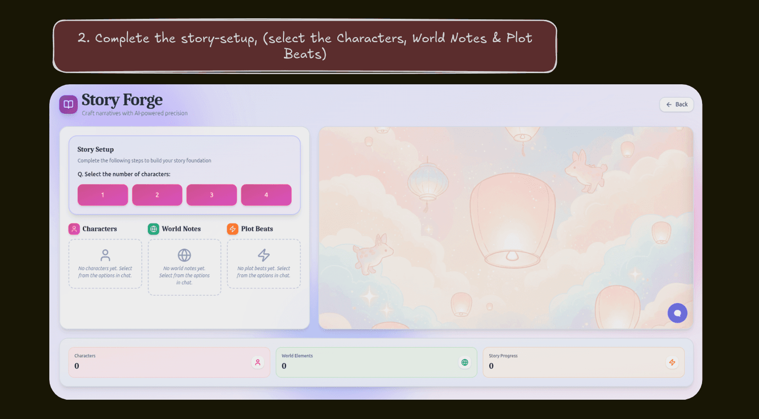 Step 2: Complete the story setup by selecting Characters, World Notes, and Plot Beats